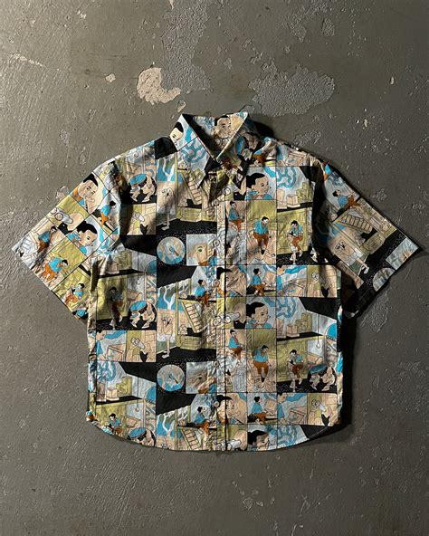 prada comic button up|Prada 2018 Comic Print Button.